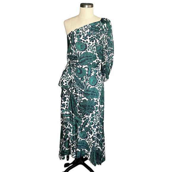 J. CREW Collection One Shoulder Ruffle Trim White Green Blue Floral Print Maxi - Picture 2 of 10